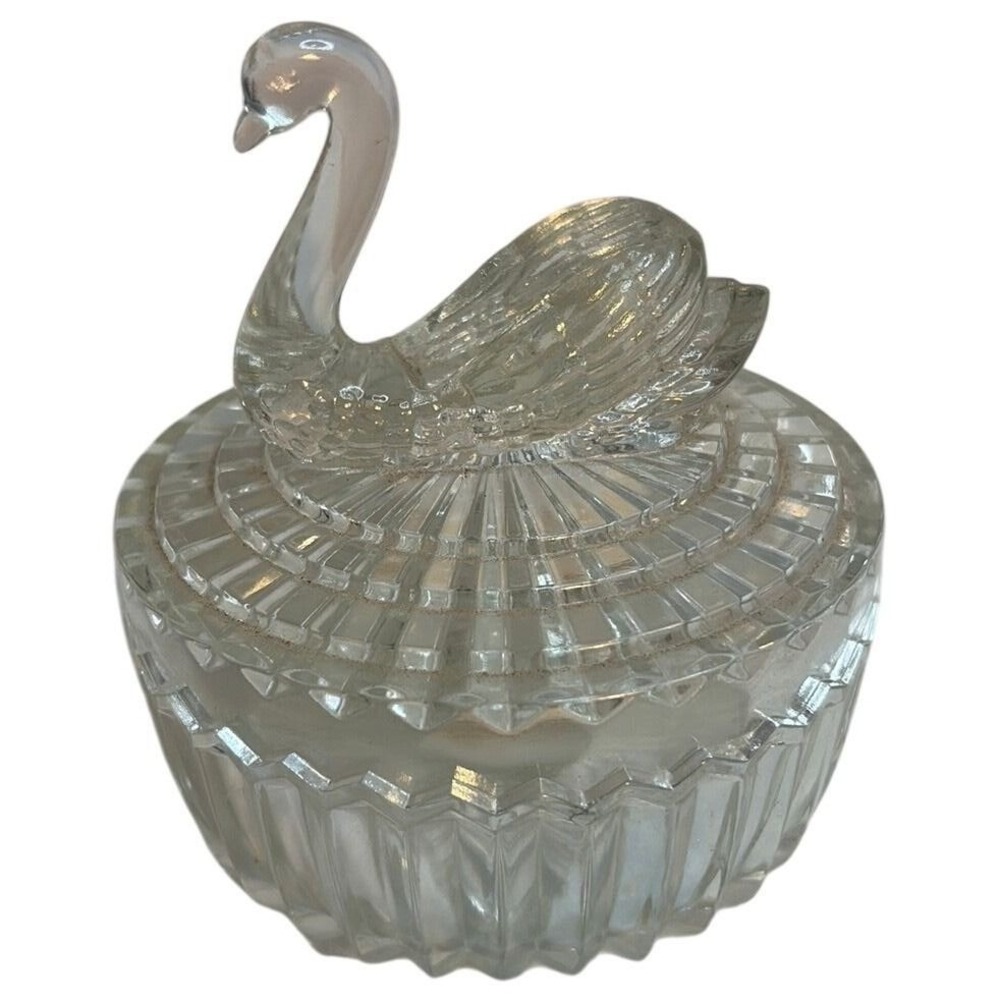Jeanette Glass Swan Powder Jar Trinket Box Clear Pressed Glass Dish Vintage